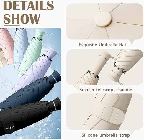 Mini Folding Travel Umbrella with Built-in Hidden Telescoping Handle,Teflon Coating, UPF 50+,UV Protection,Compact Lightweight Portable,6 Ribs Design,Small,Sun/Rain,Women/ Kids/Girls,Backpack Car in Saudi Arabia