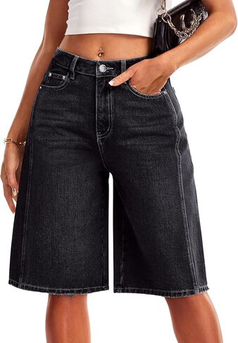 IVIR Jorts شورت برمودا للنساء الدنيم شورتات جينز طويلة الركبة طول واسعة الساق عالية الخصر خمر الصيف عادية in Kuwait