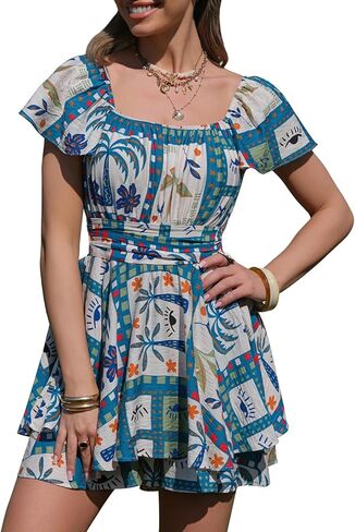 EXLURA Women's 2024 Summer Ruffle Short Sleeve Tie Back Romper Dress Square Neck A Line Cute Dressy Short Jumpsuits in Saudi Arabia