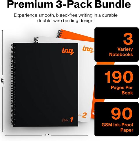 inq Spiral Notebook 3-Pack 8.5" x 11" – College Ruled, 190 Numbered Pages, Water-Resistant Cover, 90gsm Paper, Double-Wire Binding (Variety Colors) in Kuwait