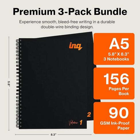 inq Spiral Notebook 3-Pack A5 (5.8" x 8.3") – 156 Pages, Water-Resistant Cover, Numbered Pages, 90gsm Paper, Double-Wire Binding (Black) in Kuwait