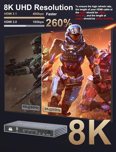 مقسم HDMI 8K@60 هرتز 1x2 4:4:4، 48 جيجابت في الثانية، مقسم HDMI 2.1 1 في 2 مع وضع تلقائي، نسخ، وضع EDID التكيفي، ناسخ HDMI 4K 120 هرتز، وضع HDR وVRR الديناميكي، متوافق مع Xbox PS4 PS5 Blu-ray لاعب in Kuwait