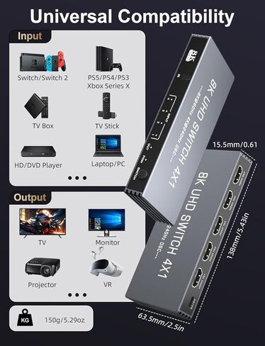 مقسم HDMI 8K@60 هرتز 1x2 4:4:4، 48 جيجابت في الثانية، مقسم HDMI 2.1 1 في 2 مع وضع تلقائي، نسخ، وضع EDID التكيفي، ناسخ HDMI 4K 120 هرتز، وضع HDR وVRR الديناميكي، متوافق مع Xbox PS4 PS5 Blu-ray لاعب in Kuwait