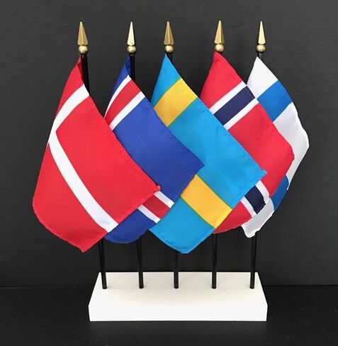 Made in the USA - Scaninavian Flag Set - 5 Rayon 4"x6" Flags with a 5-hole ArcticSno Deluxe White base, 4x6 Miniature Scandinavian Desk & Table Small Mini Stick Flags in Saudi Arabia