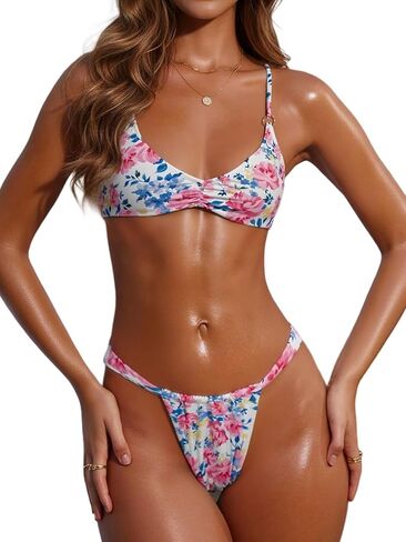 مجموعات بيكيني مثيرة للنساء قطعتين ملابس سباحة زهرية بأشرطة سباغيتي بدلة استحمام صفيق in Kuwait