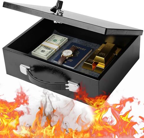 صندوق مستندات مقاوم للحريق مع قفل مفتاح، صندوق قفل مقاوم للحريق، صندوق آمن منزلي معدني مقاوم للحريق للمستندات والمجوهرات والنقود والأجهزة اللوحية والأشياء الشخصية، 12.8 بوصة × 8.5 بوصة × 4.13 بوصة in Kuwait