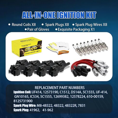 8PCS UF414 Round Ignition Coils Pack Iridium Spark Plugs 748UU Spark Plug Wire Set Compatible with Chevrolet Avalanche Corvette Express Silverado 1500 2500 3500 Impala GMC Escalade for C1512 D514A in Kuwait