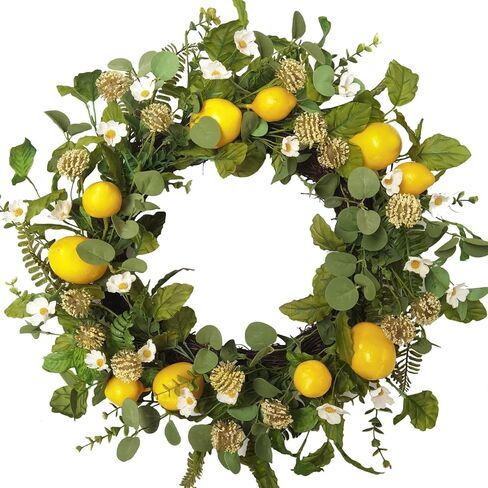 Idyllic 18 Inch Summer Yellow Lemon Wreath with Green Leaves for Front Door, Spring Summer Lemon Eucalyptus Wreath for Inside and Outside, Wedding Wild Flowers Lemon Wreath for Decor in Saudi Arabia