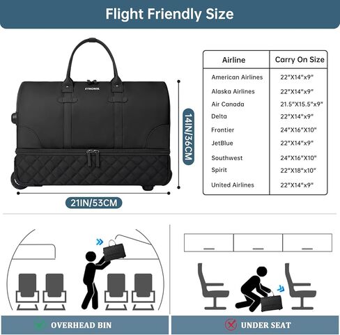 حقيبة دفل دوارة بعجلات من إيترونيك، حقيبة دفل معتمدة للطيران مقاس 21 بوصة للسفر مع حقيبة أدوات الزينة، حمل حقائب الأمتعة لعطلة نهاية الأسبوع للنساء مع حجرة للأحذية، أسود in Kuwait