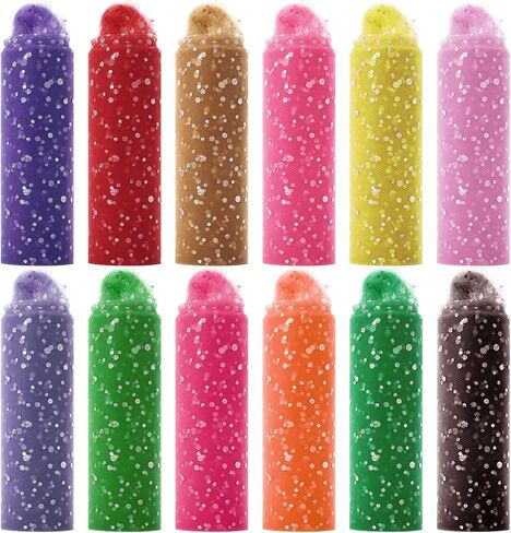 12 Pcs Rainbow Glitter Tulle Rolls 6 Inch by 10 Yards 30 Feet Tulle Rolls Netting Fabric Shiny Sequin Tulle Ribbon Craft Fabric for Tutu Skirts Sewing Birthday Wedding Baby Shower Party Decoration in Kuwait