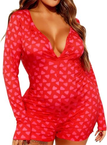 بيجامات نسائية لعيد الحب Y2k مطبوع عليها قلب وياقة على شكل V وأكمام طويلة رومبير بمؤخرة وأزرار ضيقة بدلة نوم ملابس نوم in Kuwait