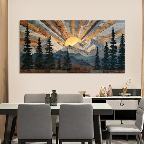 بوهو ريفي مزرعة جبل جدار الفن شروق الشمس شجرة الصنوبر الغابات طبيعة مشهد لوحات صور جدار ديكور الخشب الملمس المناظر الطبيعية قماش يطبع العمل الفني لغرفة المعيشة غرفة نوم المنزل مكتب 12 "× 24" in Kuwait