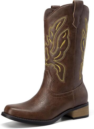Cowboy Cowgirl Boots for Women Mid Calf Square Toe Comfortable Pull On Chunky Heel Embroidery Western Boots in Saudi Arabia
