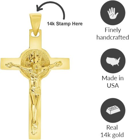 Jewelry America Solid 14k Yellow Gold Classic Saint Benedict Cross Jesus Crucifix Pendant in Saudi Arabia