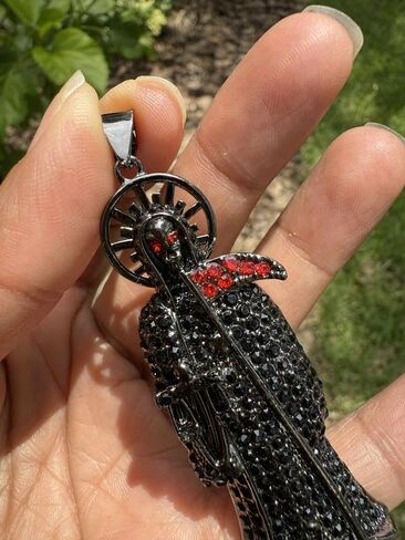 3-Inch Gold Plated The Grim Reaper Pendant Iced Micro Pave Black Color Bling Santa Muerte Holy Death Charm for Men Women Hip Hop Fashion Jewelry in Saudi Arabia
