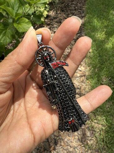 3-Inch Gold Plated The Grim Reaper Pendant Iced Micro Pave Black Color Bling Santa Muerte Holy Death Charm for Men Women Hip Hop Fashion Jewelry in Saudi Arabia