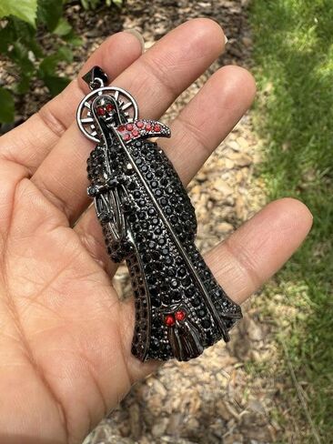 3-Inch Gold Plated The Grim Reaper Pendant Iced Micro Pave Black Color Bling Santa Muerte Holy Death Charm for Men Women Hip Hop Fashion Jewelry in Saudi Arabia