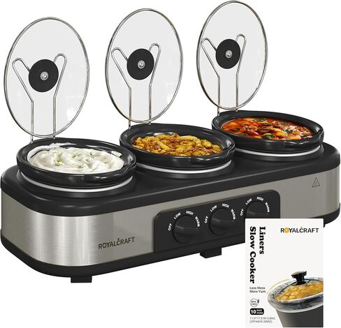 طباخ بطيء من رويال كرافت مع 10 بطانات للطهي، وعاء غمس 3 في 1 لخوادم البوفيه، سخانات طعام للحفلات مع 3 ملاعق، مساند للغطاء، أواني سيراميك بيضاوية قابلة للإزالة، إجمالي 4.5QT رمادي in Kuwait