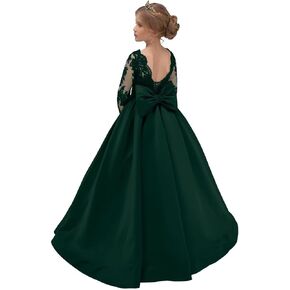 Rlweus Satin Flower Girl Dresses for Wedding Lace Long Sleeves Pageant Dress for Girls Bowknot Princess Ball Gowns in Kuwait