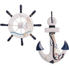 عبوتان من ديكور الحائط مرساة بحرية مقاس 33 سم، ديكورات الشاطئ للمنزل، ديكورات بحرية للمنزل، مرساة خشبية وعجلة ديكور على الشاطئ للمنزل والجدار (أزرق داكن) in Kuwait