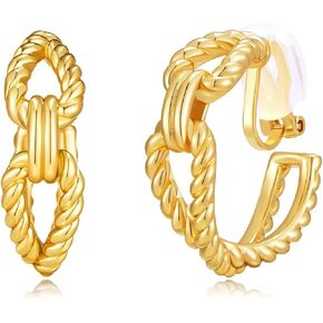 18k Gold Clip on Earrings for Women – Chunky Twisted Rope Hoop Earrings, Lightweight Non Pierced Link Drop Earrings with Soft Pads, Comfortable Vintage Fake Earring Cuffs Jewelry Gift in Saudi Arabia