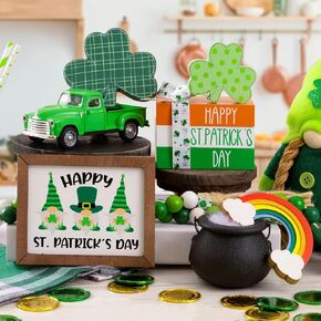 16 قطعة من زينة عيد القديس باتريك - ديكور يوم القديس باتريك - ديكور صينية متدرجة - ديكور خشبي لمنزل المزرعة يوم القديس باتريك - ديكور شامروك ريفي للمنزل - وعاء من العملات الذهبية in Kuwait