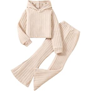 Kid Girls Clothes Set Ribbed Knit Long Sleeve Hoodie Sweatsuit and Flare Pants Set Fall Outfits for 8-12Y in Kuwait