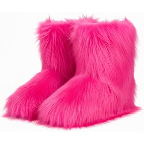 Faux Fur Boots for Women Furry Fuzzy Fluffy Boots Round Toe Mid-Calf Winter Snow Boots Comfortable Outdoor Flat Shoes in Kuwait