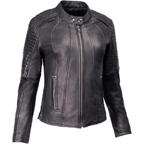 MILWAUKEE MOTORCYCLE CLOTHING CO. سترة نسائية من الجلد الفاخر بتصميم سكوتر مع ياقة ماندرين - كبير in Kuwait