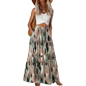 GRECERELLE Women's Boho Maxi Skirt Elastic High Waist Tiered A-Line Casual Summer Flowy Asymmetric Long Skirts with Pockets in Kuwait