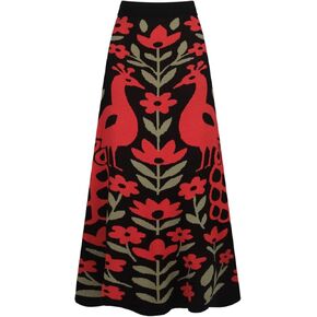 OXKnit Knittd Midi Skirts for Women, Casual Retro Peacock and Florals Pattern High Waist A Line Cotton Black Skirts in Saudi Arabia