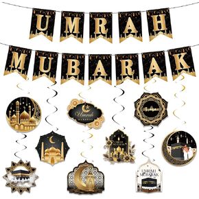 لافتة حفلات ديكورات عمرة مبارك - لافتة مبارك ذهبية سوداء ودوامات معلقة، لوازم ديكور مهرجان الحج مبارك الإسلامي in Kuwait