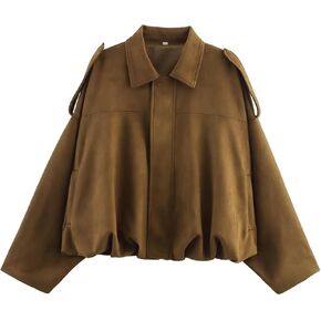 Womens Faux Suede Bomber Jacket Cropped Zip Up Batwing Long Sleeves Jackets Oversized Streetwear Coat with Pockets in Saudi Arabia