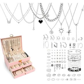 SMUOBT Jewelry Box with Jewelry Set for Women Men - Large Multi-Layer Jewelry Organizer Storage Case with Drawers, Necklace Bracelet Hoop/Stud Earrings Rings Gift Set for Her Him, Unique Birthday Party Gift (Gold/Black Silver) in Saudi Arabia