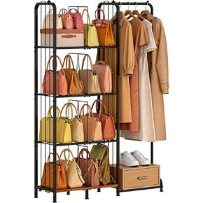 منظم محفظة ذو 4 طبقات قائم على الأرض للخزانة مع أقدام وفواصل قابلة للتعديل، تخزين محفظة عالي السعة مع منطقة تعليق الملابس، حامل حامل معدني وخشبي لتنظيم حقائب اليد in Kuwait