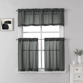 مجموعة ستائر نافذة SeeGlee طبقات وستارة نافذة، عرض إجمالي 52 بوصة، ستائر كتان مرشحة للضوء بطول 36 بوصة للمطبخ وغرفة المعيشة وتناول الطعام من ديكور المنزل، مجموعة من 3 قطع، فحمي/رمادي داكن in Kuwait