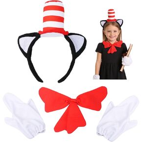 مجموعة أزياء eygeufg ذات القبعة العلوية المخططة - عصابة رأس وربطة عنق كبيرة وقفازات للمراهقين (14+) والكبار تحت عنوان الأحداث والعروض المسرحية (3 قطع باللونين الأحمر والأبيض) in Kuwait