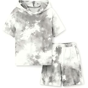 Boys 2 Piece Outfits Tie-Dye Hooded Short Sleeve T-Shirt and Shorts Set Summer Clothes for Kids 6-13 Years in Kuwait