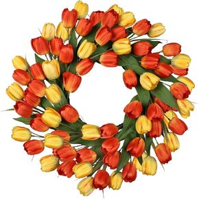 24 Inch Tulip Spring Wreath for Front Door Summer Silk Wreath with Green Leaves Artificial Tulip Flower Wreaths for All Seasons Farmhouse Porch Wall Living Room Home Widding Decor-Red in Saudi Arabia