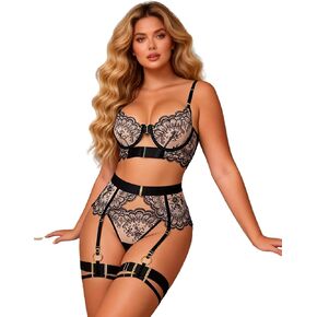 ohmydear Women's Sexy Lingerie Set with Garter Mesh Embroidery Belt Matching Bra and Panty Sets for Women S-2XL in Kuwait