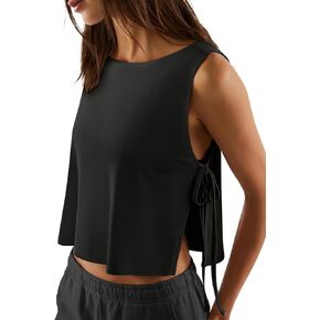 LASLULU Women's Sleeveless Workout Tank Tops Side Tie Sports Gym Running Yoga Exercise Athletic Shirts Cropped Tank Top in Kuwait