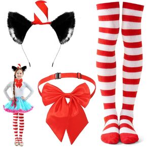 3 Pcs Cat Costume Accessory Set Include Cat Ears Headband with Red Stovepipe Hat Red Striped Knee Length Socks Bowtie for World Book Day 100th Days of School in Saudi Arabia