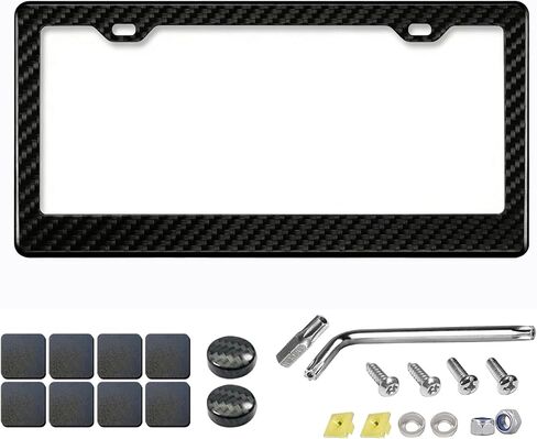 إطار لوحة ترخيص من ألياف الكربون الحقيقية، إطار من ألياف الكربون النقي بنسبة 100%، غطاء حامل لوحة ترخيص أسود مع براغي وأغطية مضادة للسرقة، وسادات مضادة للاهتزاز، (فتحتان من ألياف الكربون النقية) in Kuwait