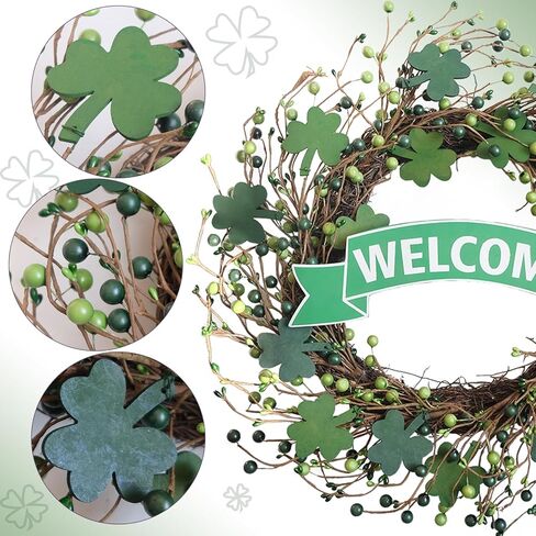 20 Inch St. Patrick's Day Wreath for Front Door, Lucky Shamrock Leaves Green Berries Wreath for Indoor Outdoor, St. Patrick Door Decoration Wreath in Saudi Arabia