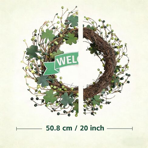 20 Inch St. Patrick's Day Wreath for Front Door, Lucky Shamrock Leaves Green Berries Wreath for Indoor Outdoor, St. Patrick Door Decoration Wreath in Saudi Arabia