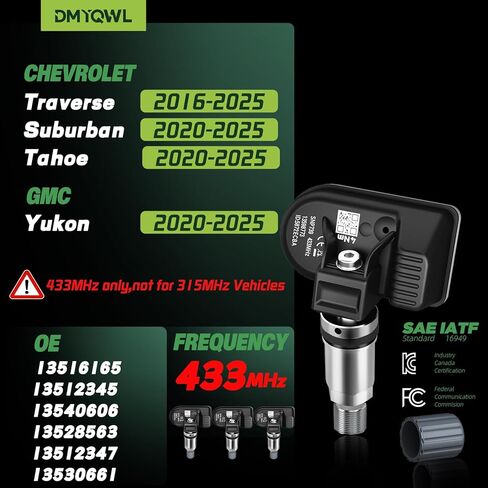TPMS مبرمج مسبقًا بتردد 433 ميجا هرتز متوافق مع جهاز Chevy Traverse(2016-2025)|Tahoe(2021-2024)|Suburban(2021-2024)|GMC Yukon(2021-2024) مستشعر ضغط الإطارات، OE:13598773 (مجموعة من 4) in Kuwait