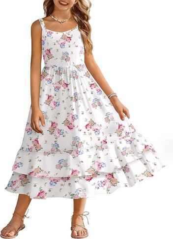 Arshiner Girls Cami Summer Dress Casual Sleeveless Sundress with Pockets for 5-14 Y in Kuwait