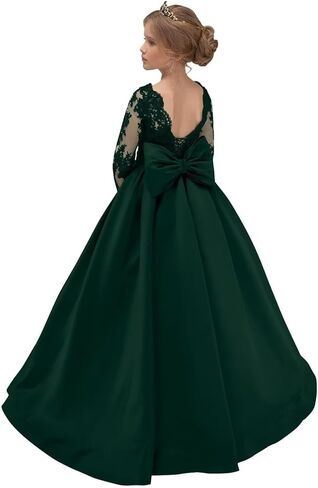 فساتين Rlweus من الساتان على شكل زهرة للفتيات لحفلات الزفاف من الدانتيل وأكمام طويلة للفتيات فساتين حفلات الأميرة على شكل فيونكة in Kuwait