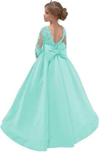 Rlweus Satin Flower Girl Dresses for Wedding Lace Long Sleeves Pageant Dress for Girls Bowknot Princess Ball Gowns in Saudi Arabia
