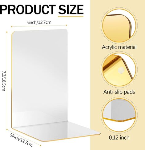 24 Pcs Acrylic Bookends Gold Book Ends for Shelves, Gold Organizer with Silicone Non-Slip Mats, Book Holder Stand Decorative, Stoppers for Heavy Duty Books, Cd, File, Video Games in Saudi Arabia